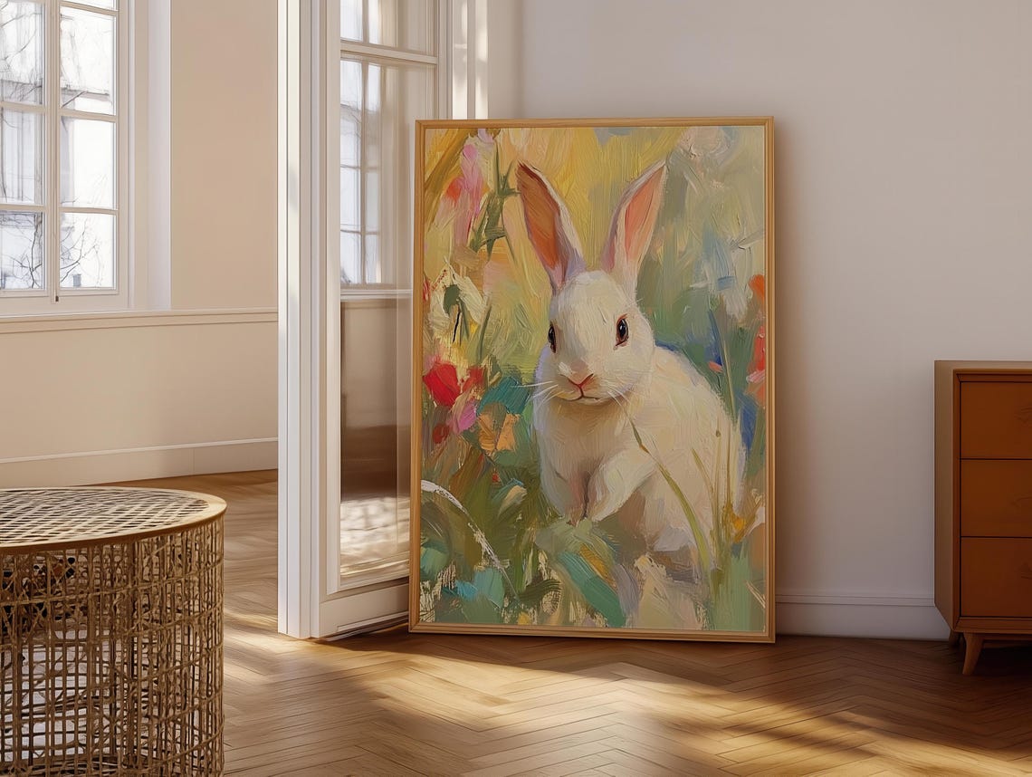 White Bunny in Golden Garden Brushstrokes Painterly Rabbit Poster - Image 6
