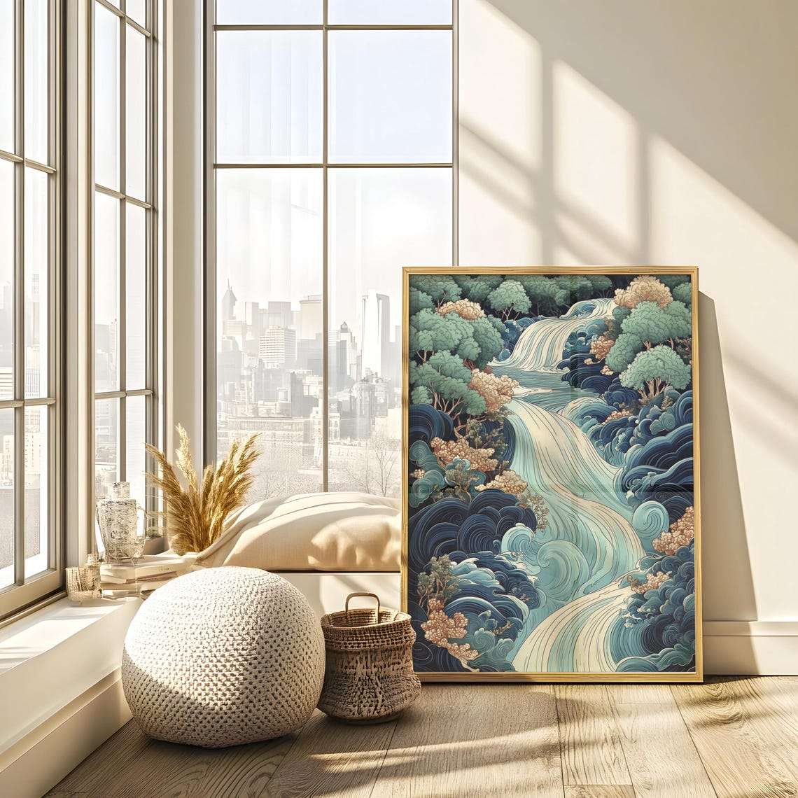 Japanese Waterfall Through Forest Ukiyo E Style Blue Wave Poster - Image 3