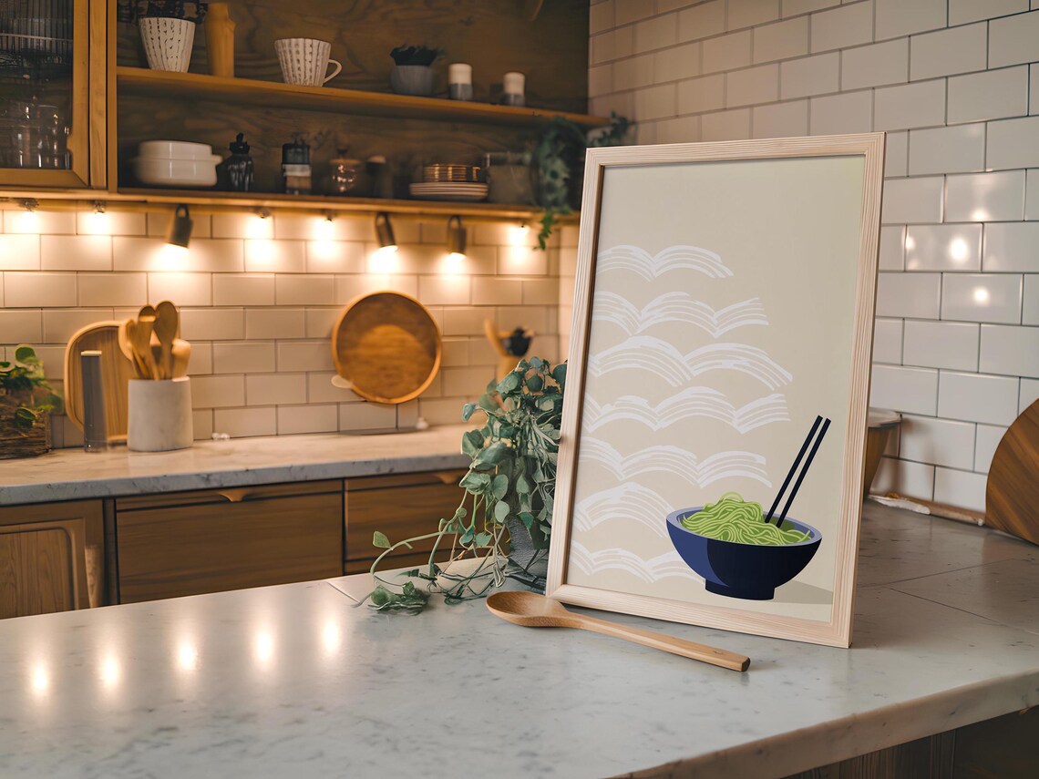 Green Noodle Bowl with Chopsticks on Seigaiha Wave Japandi Poster - Image 7