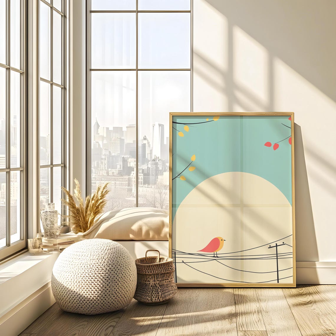 Red And Yellow Bird On Wire Large Sun Teal Minimalist Poster - Image 4