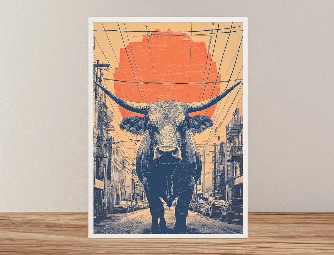 Longhorn Cow Under Giant Orange Sun City Street Western Art Poster