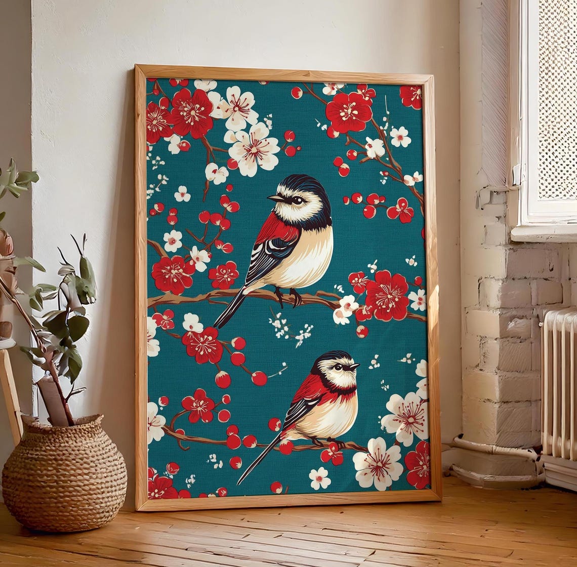 Two Red Winged Birds Among Blossoms Teal Chinoiserie Art Poster