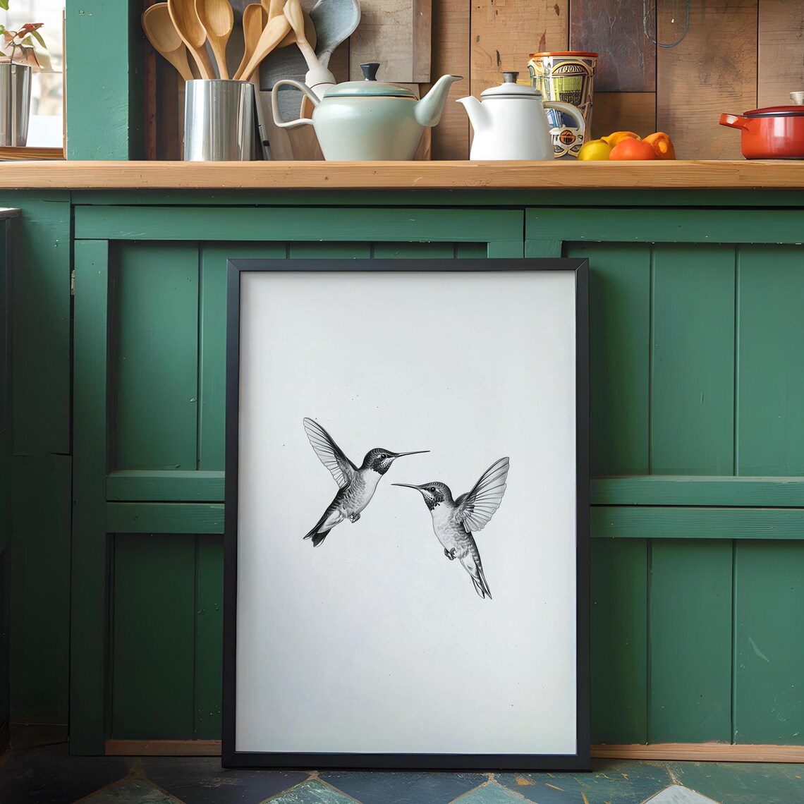 Pair of Hummingbirds in Flight Monochrome Line Drawing Art Poster - Image 7