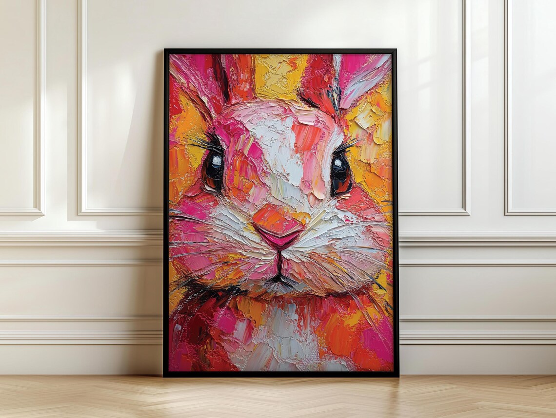 Vibrant Impasto Bunny Face Bold Pink Orange Thick Brushstroke Textured Art Poster - Image 7