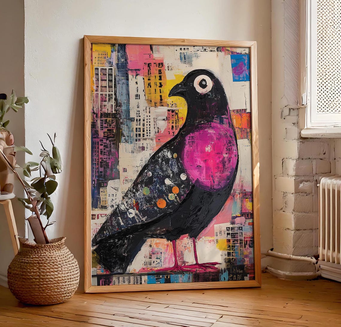 Abstract Pink Chested Pigeon Over Colorful Urban Collage Art Poster