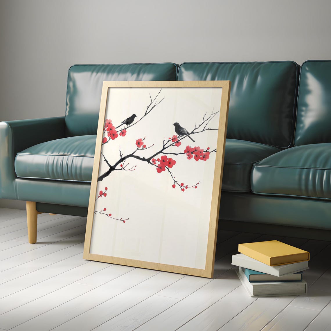 Two Black Birds Ink Painting Perched On Red Blossom Branches Poster - Image 5