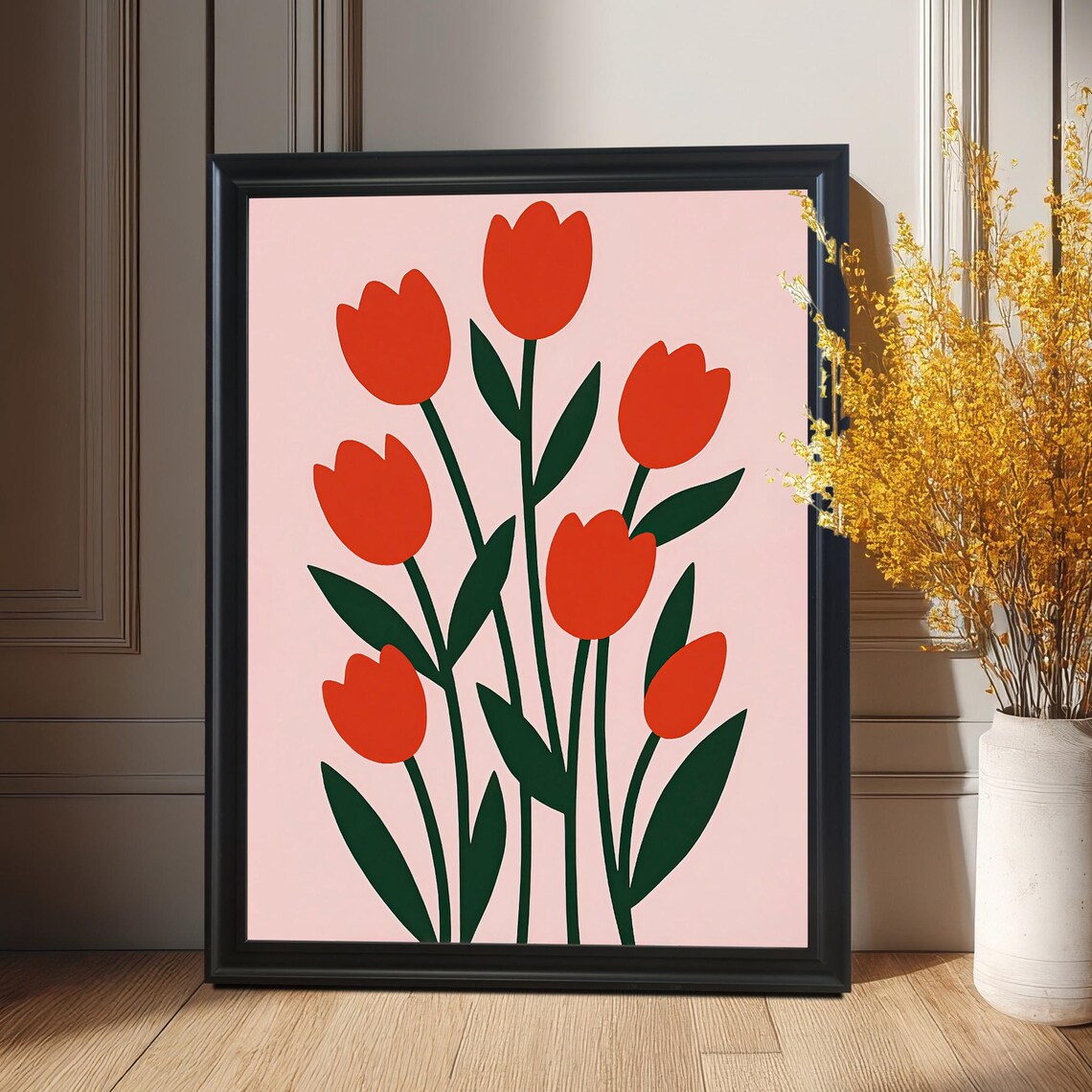Modern Minimalist Red Tulip Flower Art Print Wood Framed Gicle Poster Wall Decor