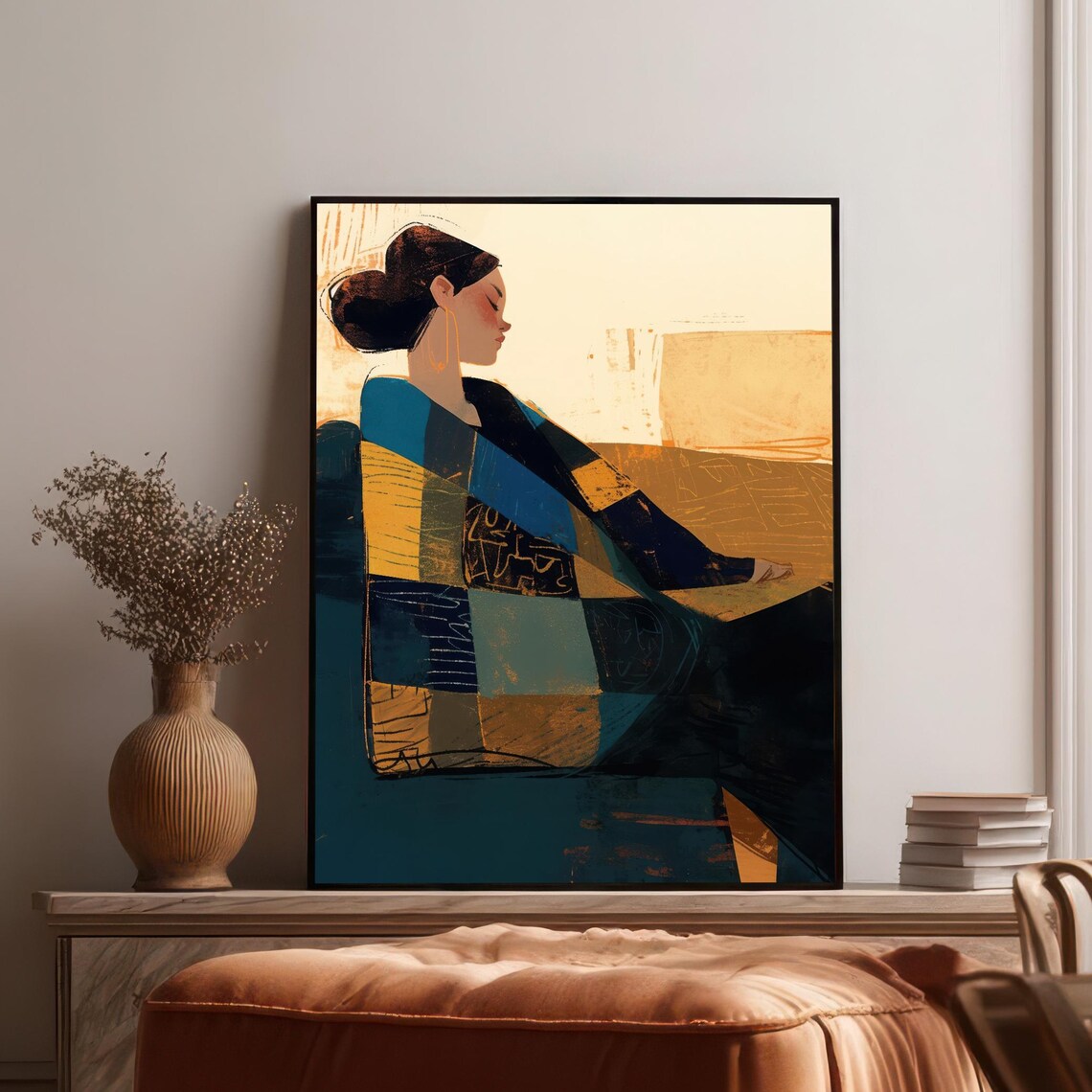 Cozy Retreat Woman With Patchwork Blanket, Illustration