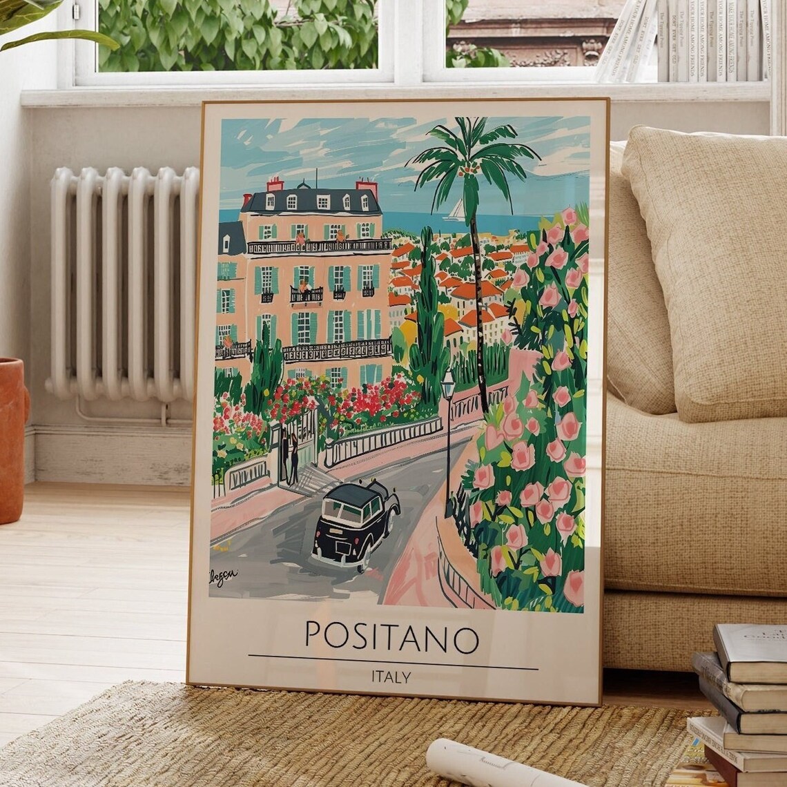 Positano Italy Vintage Car Villa Pink Rose Garden Amalfi Poster