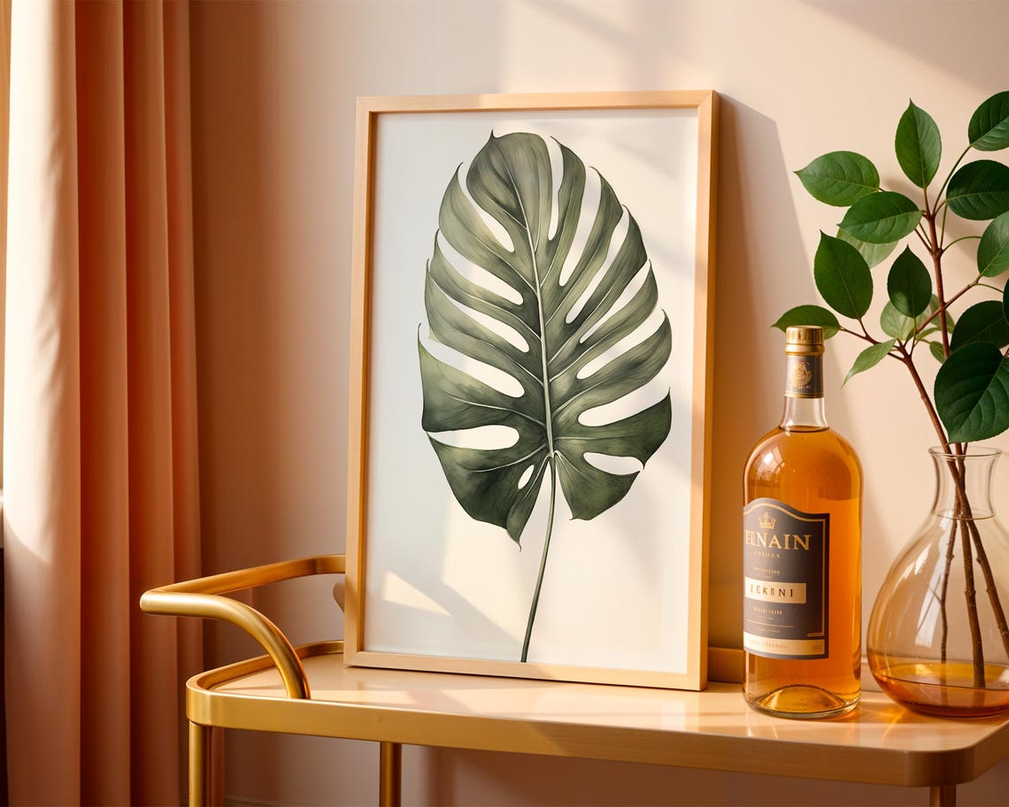 Single Monstera Leaf Watercolor Minimalist Botanical Wall Poster
