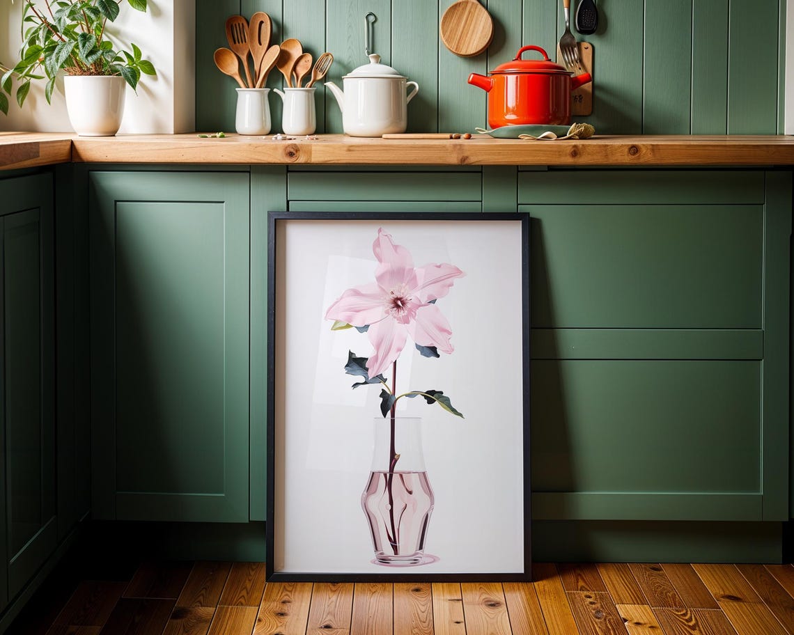 Pink Clematis Flower In Glass Vase Minimal Botanical Wall Art Modern Artwork Soft Pastel Poster And Print For Spacious Home