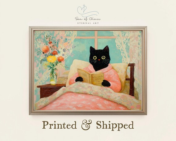Cat In Pajamas Oil Painting Black Bed With Book Cute Whimsical Wall Decor For Lovers Vintage Style Mailed Print