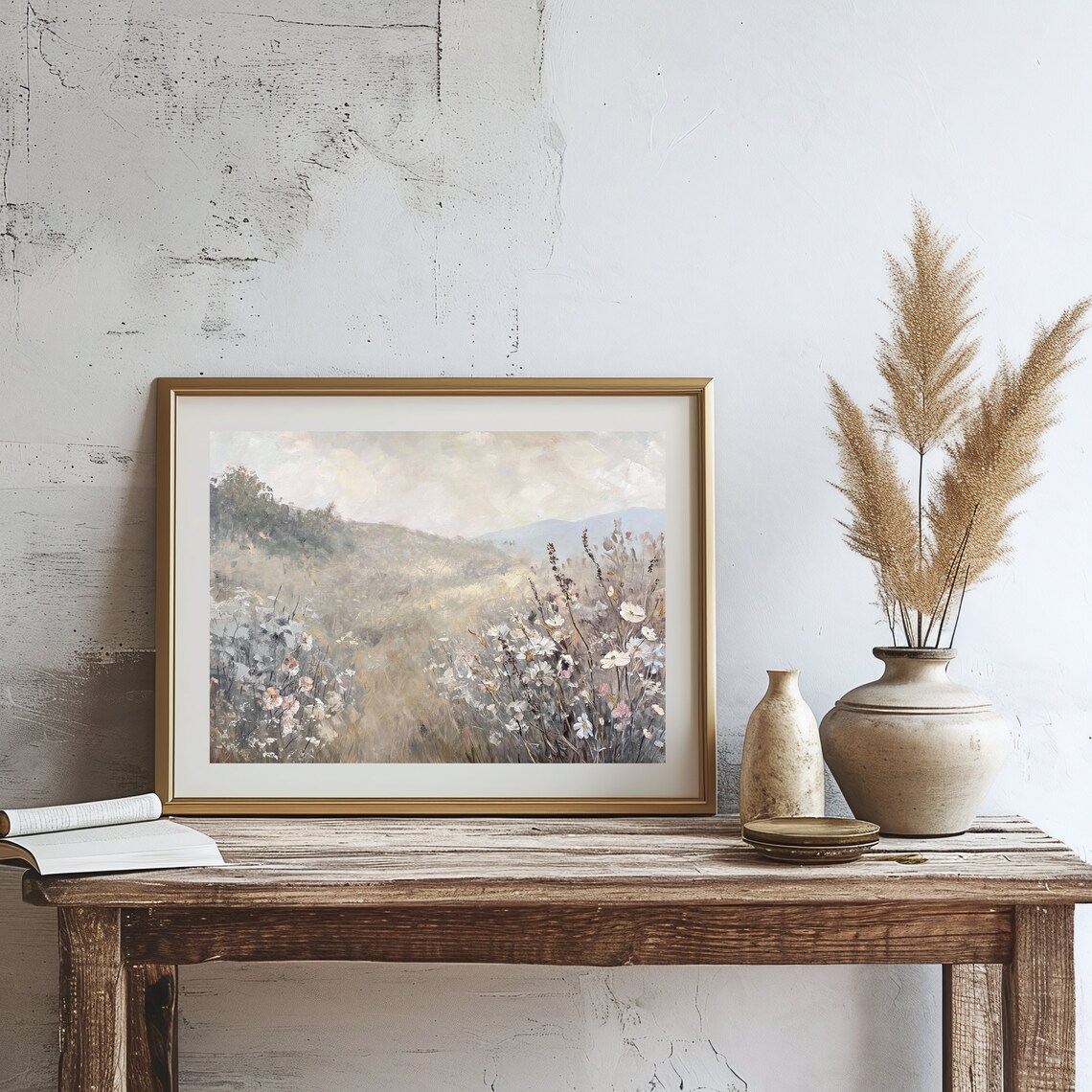 Soft Neutral Wildflower Meadow Dreamy Country Landscape Vintage Style Print - Image 3