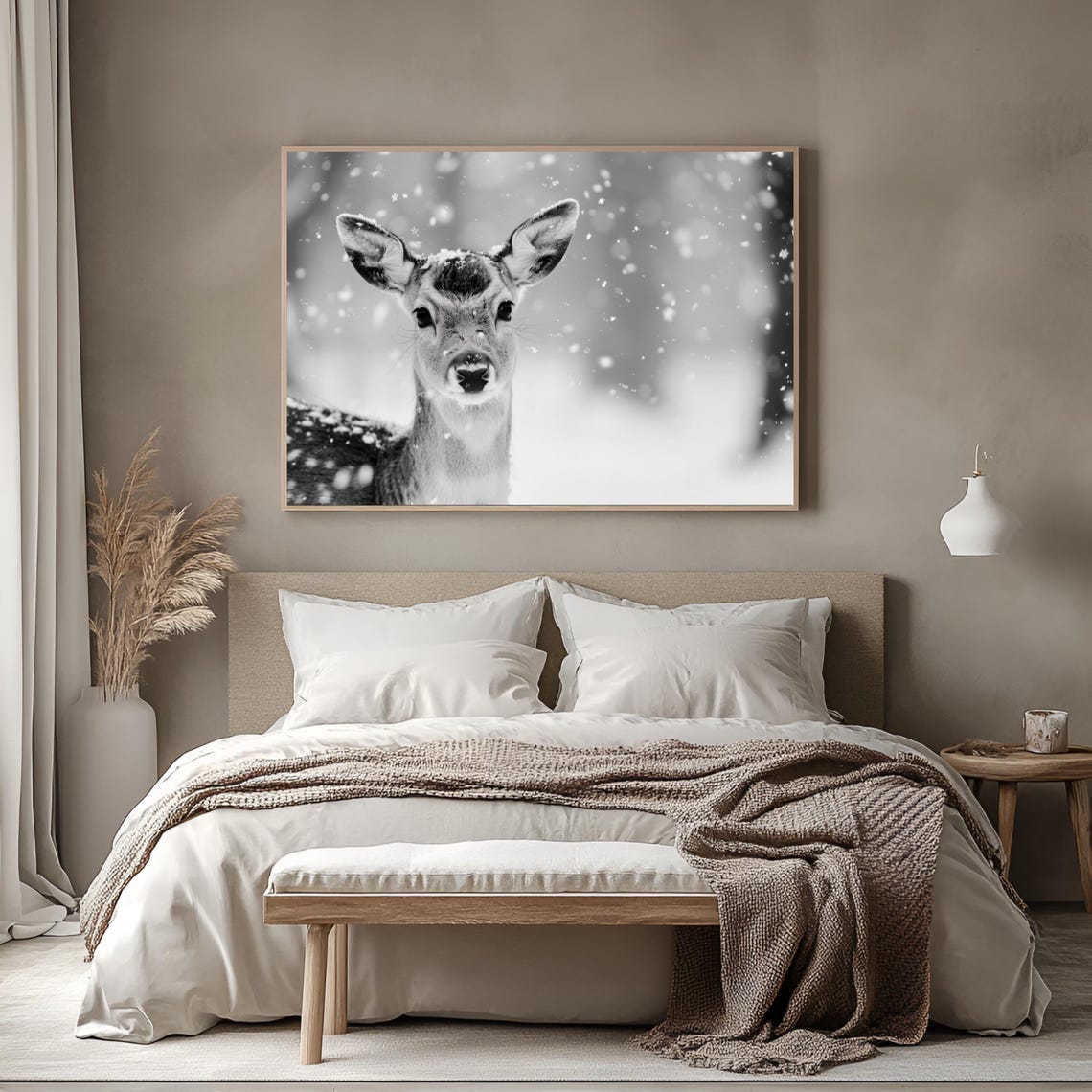 Baby Deer Fawn in Falling Snow Black and White Close Up Poster - Image 2