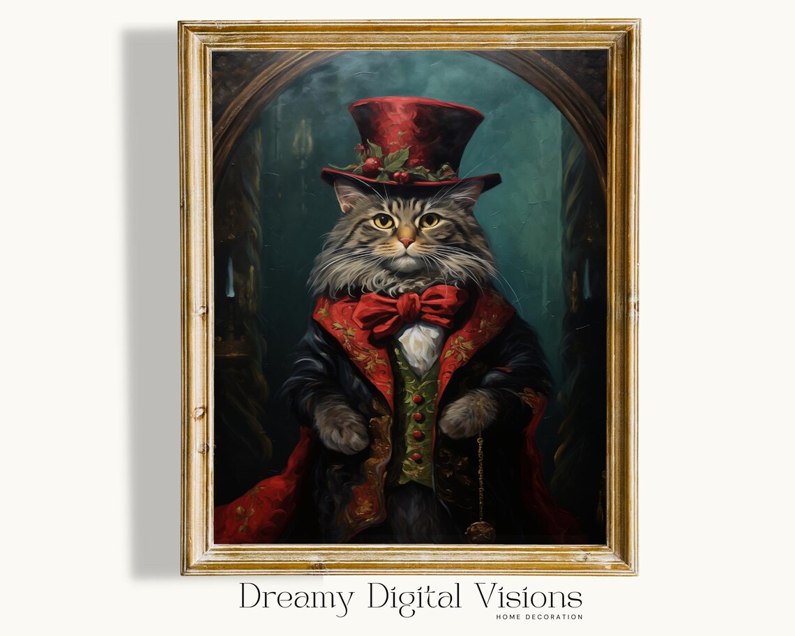 Elegant Cat In Victorian Christmas Attire, Vintage