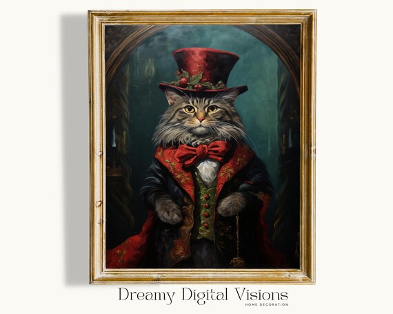 Elegant Cat In Victorian Christmas Attire, Vintage
