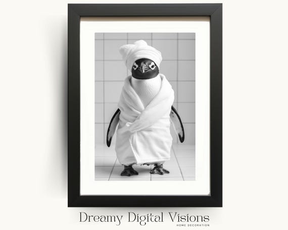 Cute Penguin In Bathrobe And Turban Bathroom Print Funny Bathroom Art Bathroom Animals Wall Art Penguin Kids Bathroom Decor