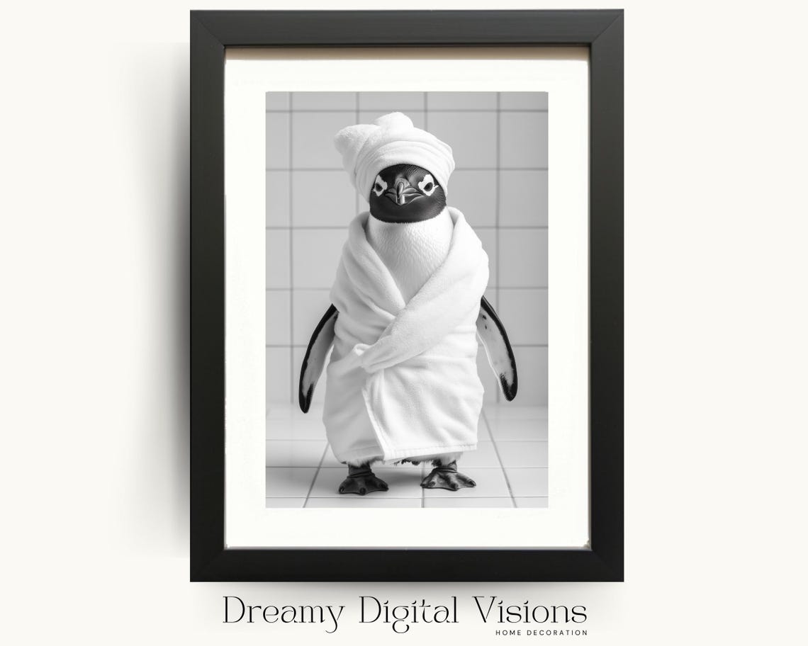 Funny Penguin in a Bathrobe and Towel Black and White Spa Poster