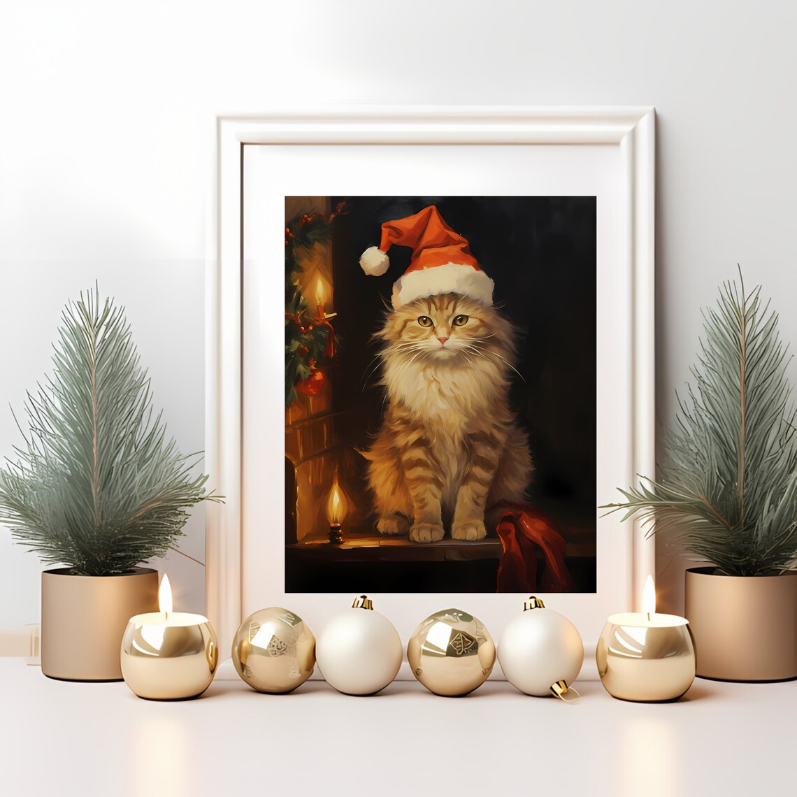 Christmas Cat Santa Hat Vintage Oil Painting Candlelight Poster - Image 2