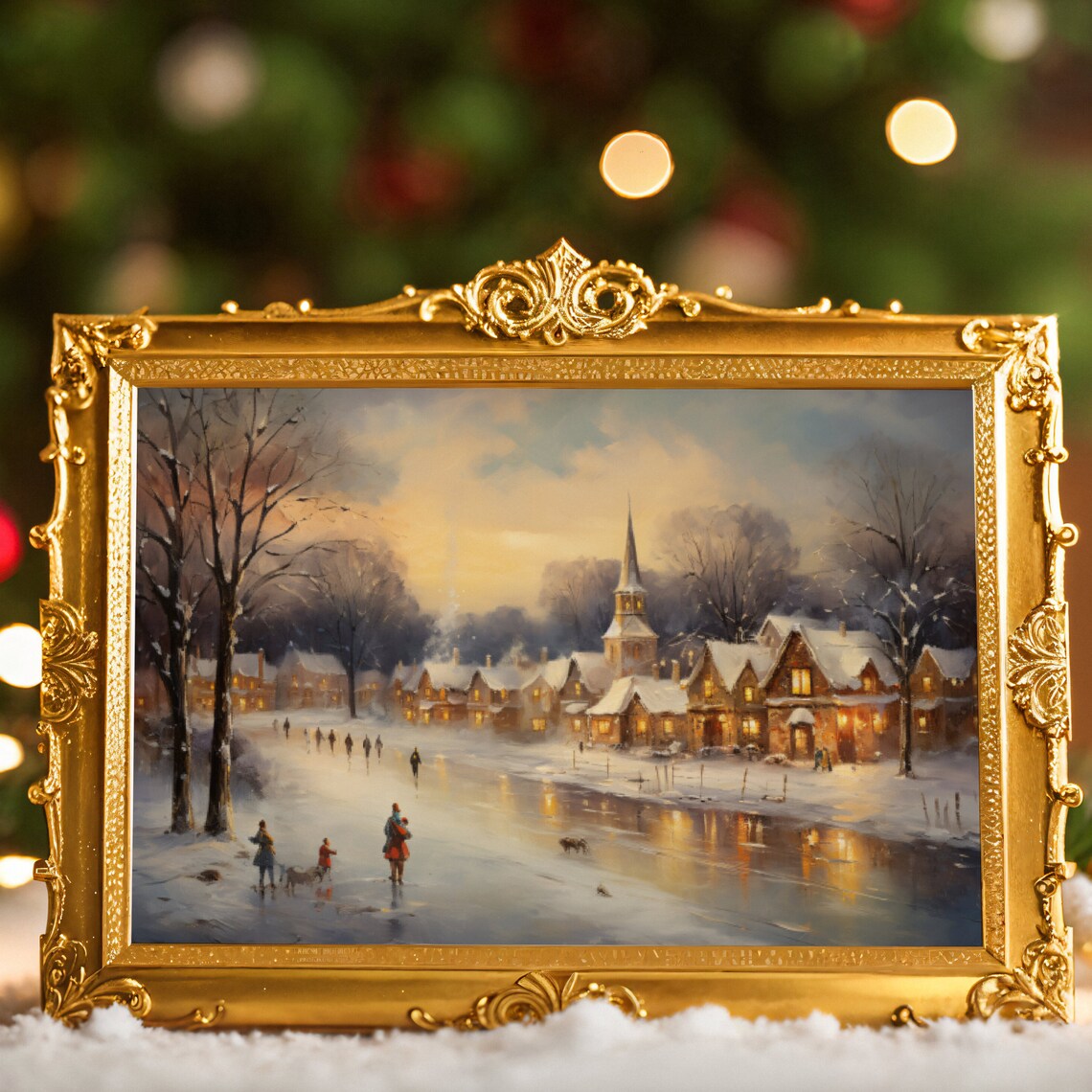 Snowy Village Sunset Church Steeple Frozen Pond Winter Poster - Image 3
