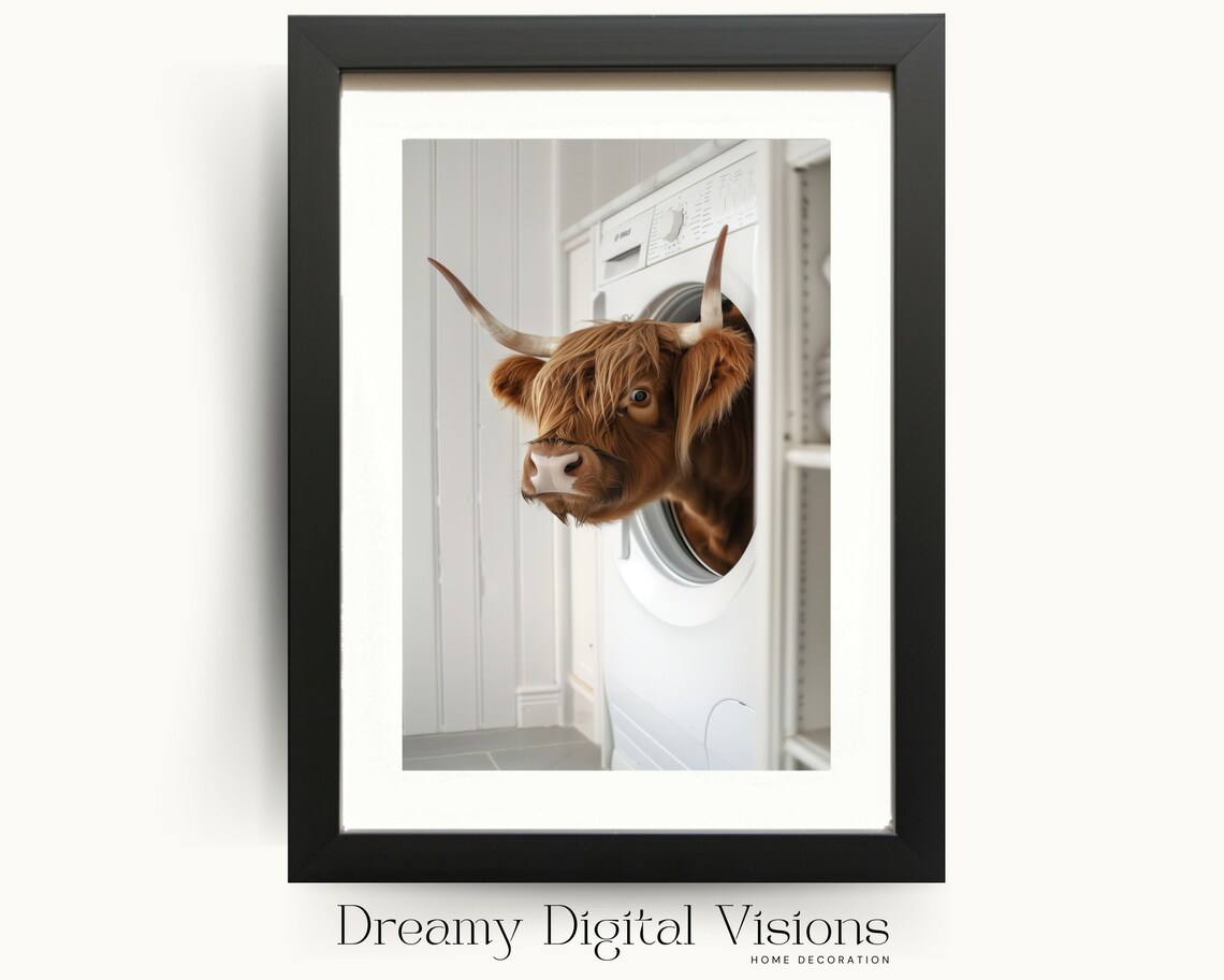 Highland Cow Laundry Art Print, Funny Utility Room Decor