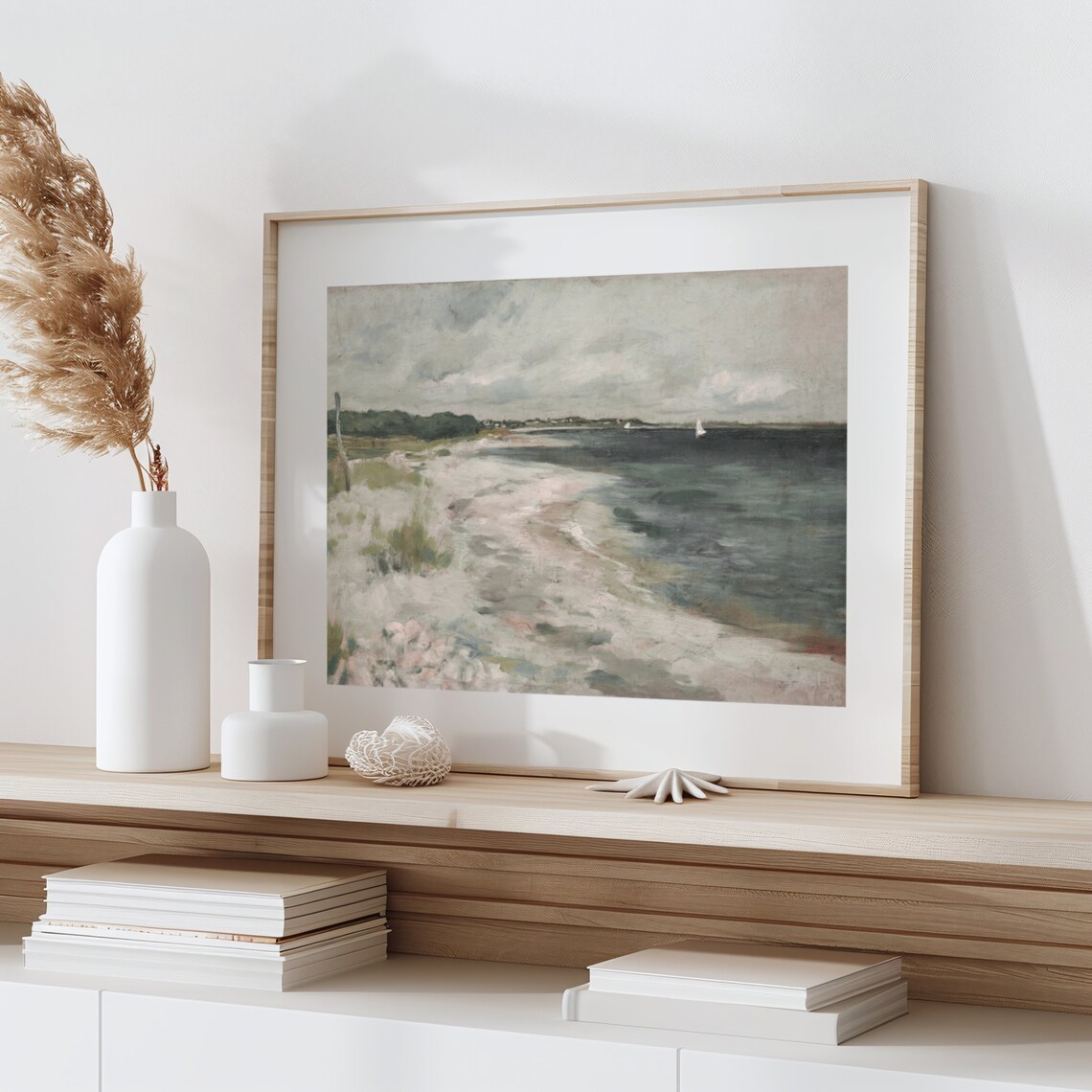 Muted Pastel Beach Seascape with Sailboat Cloudy Sky Vintage Coastal Print - Image 3