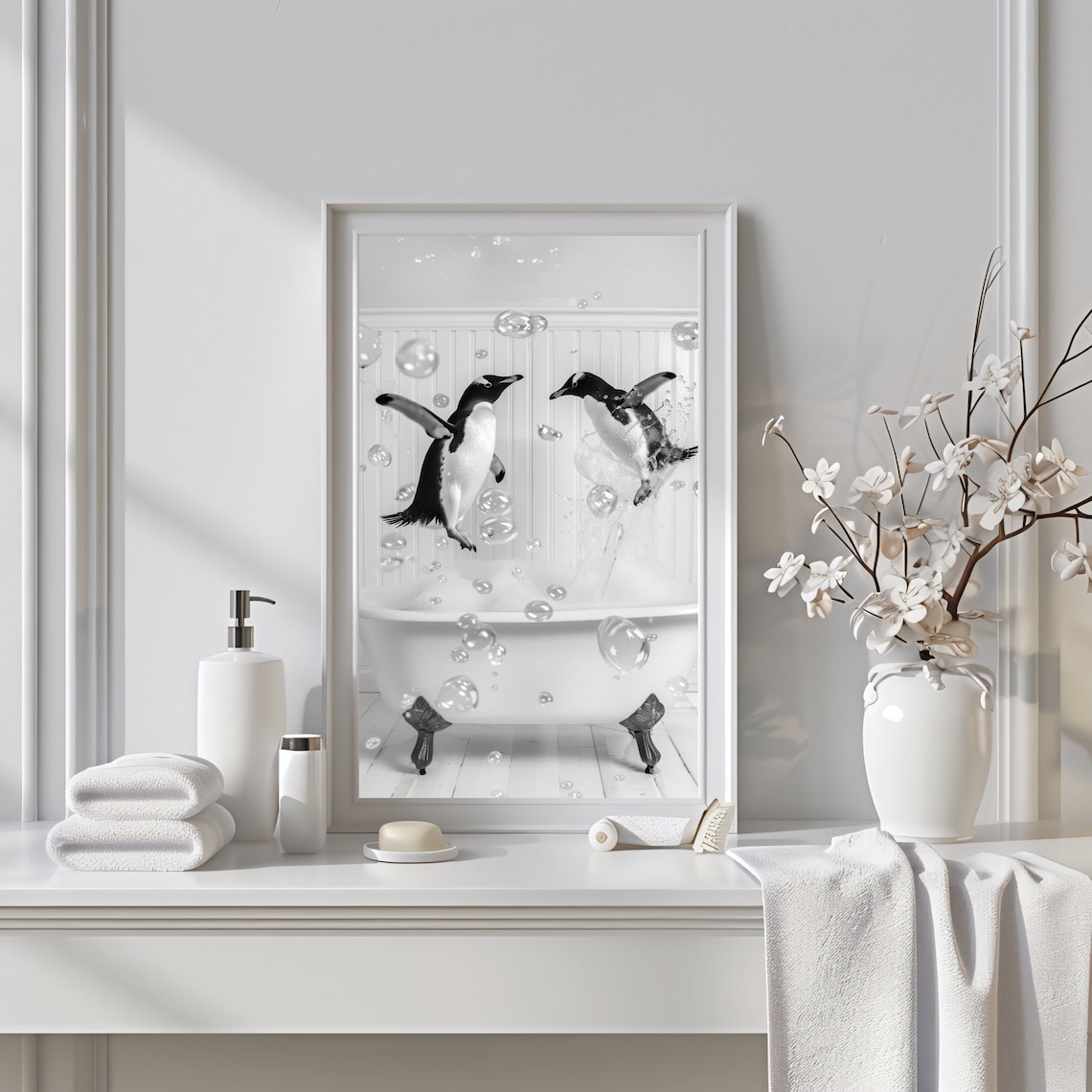 2 Penguins In A Bathtub Bathroom Art Print - Image 2