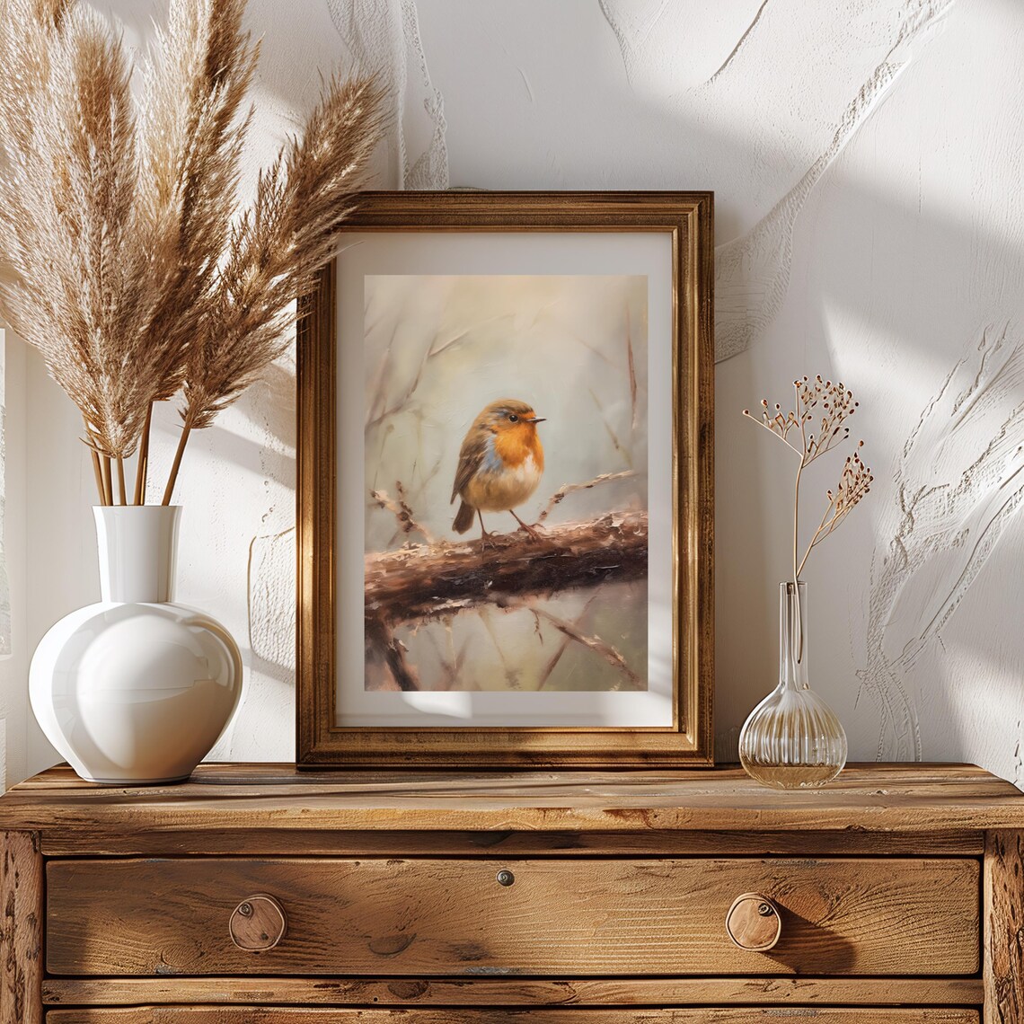 Robin On Branch Poster Rustic Autumn Bird Painting Fall Wall Decor Wildlife Art - Image 2