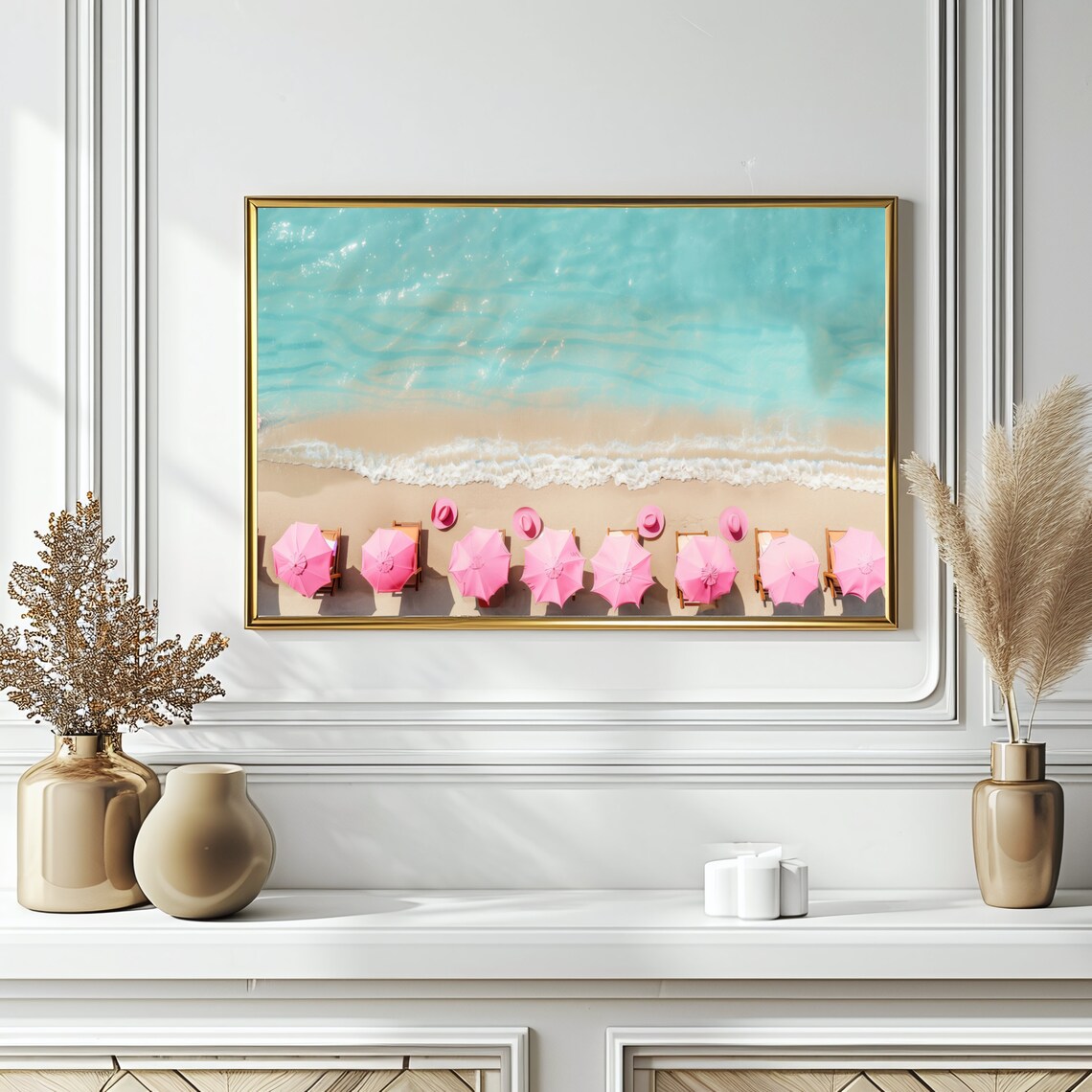 Aerial Beach View with Pink Umbrellas Turquoise Sea Summer Coastal Poster - Image 3
