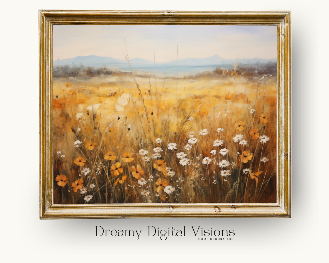 Golden Autumn Wildflower Meadow Mountain Landscape Oil Poster