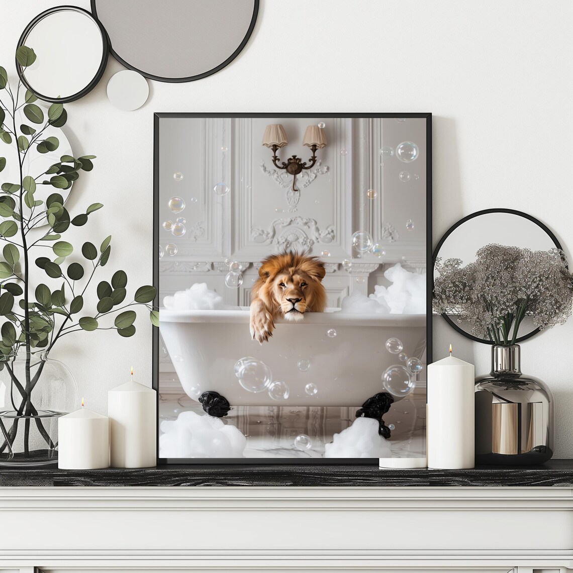 Majestic Lion Taking a Bath Funny Bathroom Art Print - Image 2