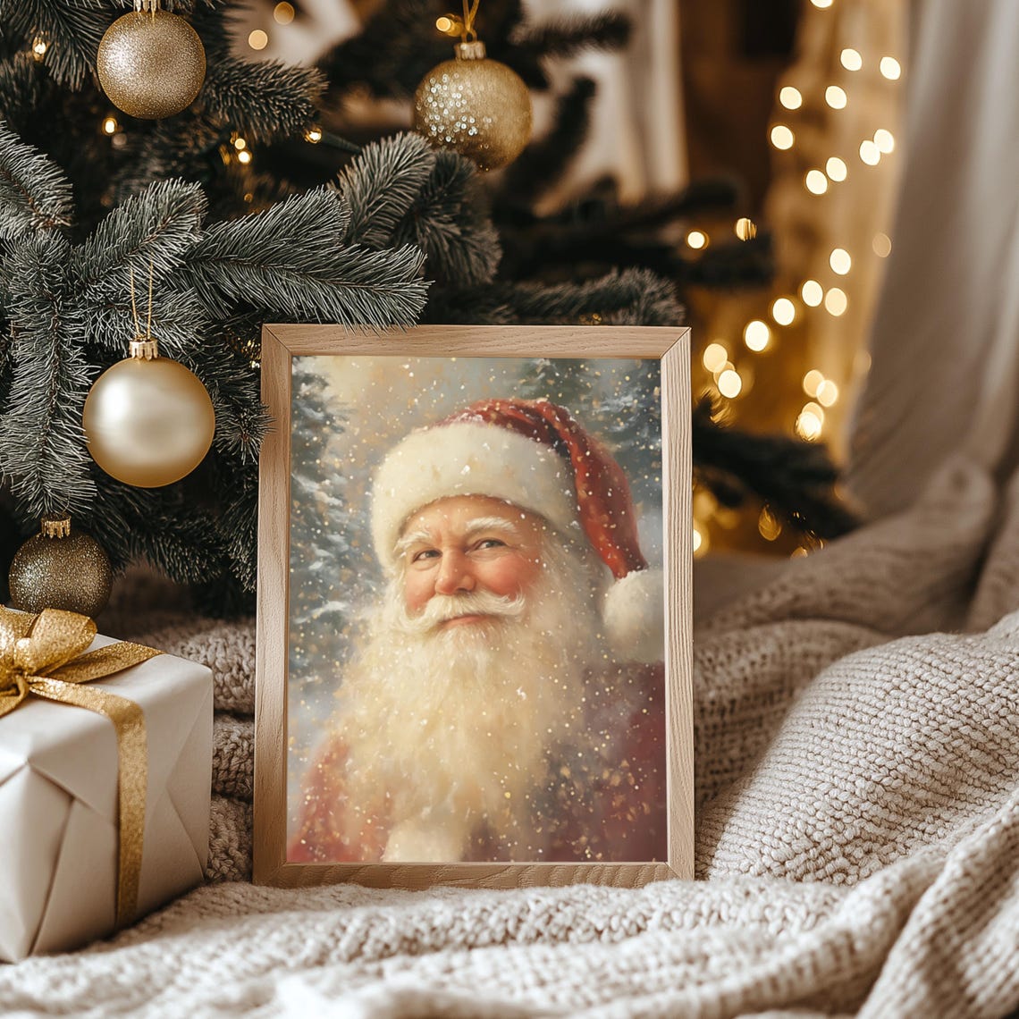 Vintage Santa Claus Portrait in Falling Snow Christmas Poster - Image 2