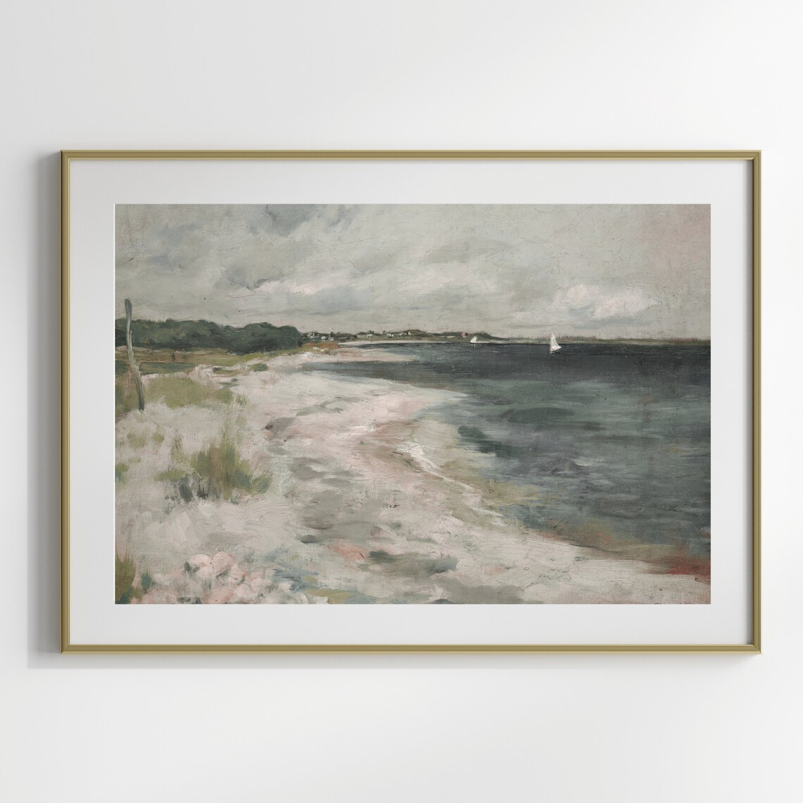 Muted Pastel Beach Seascape with Sailboat Cloudy Sky Vintage Coastal Print - Image 2