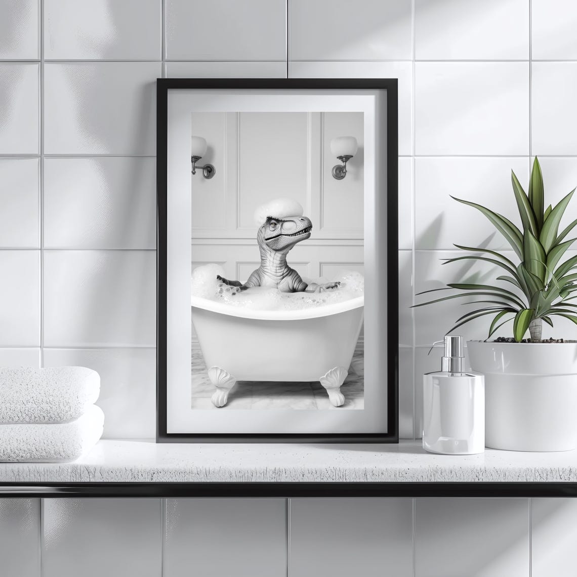 Baby Dinosaur in Bubble Bath With Foam Mohawk Funny Bathroom Poster - Image 2