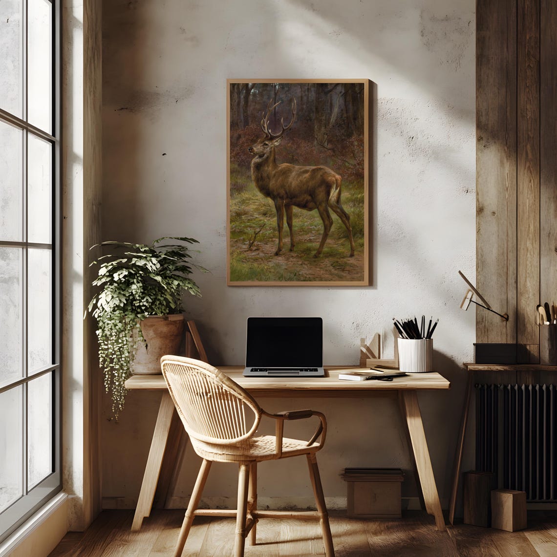 Majestic Stag in Forest Vintage Wildlife Oil Painting Style Poster - Image 3