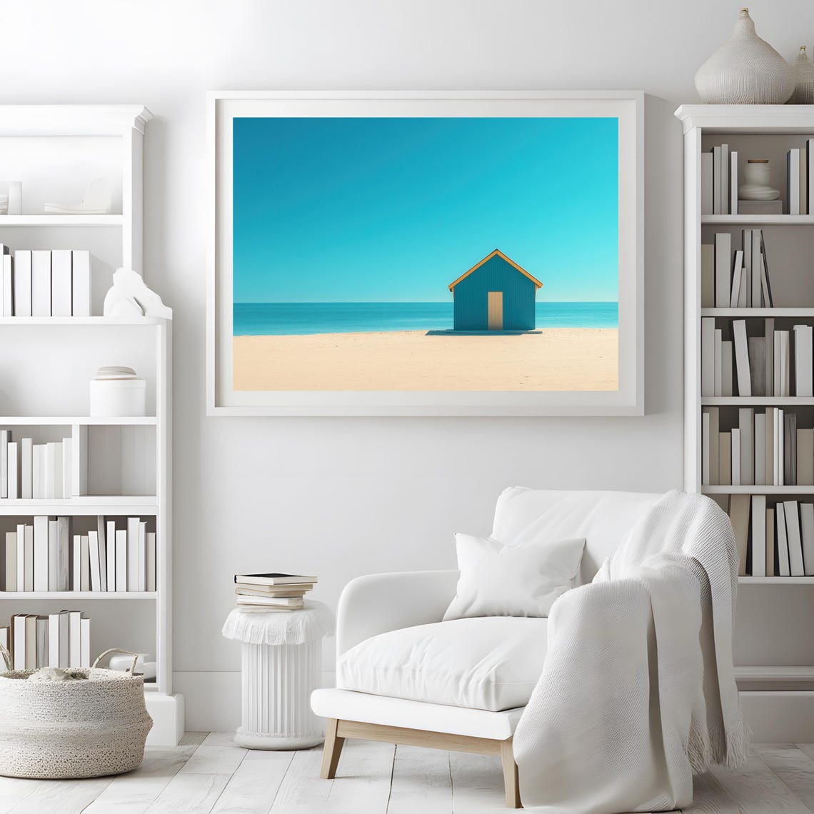 Minimalist Teal Beach Hut on Sandy Shore Under Blue Sky Poster - Image 2
