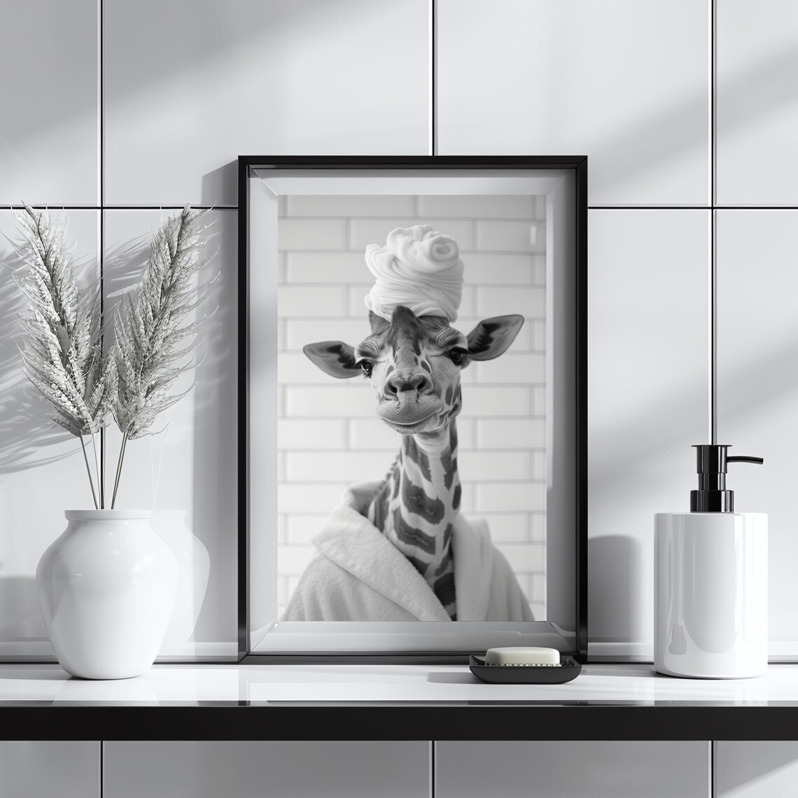 Giraffe In Towel Turban Poster Funny Bathroom Black And White Animal Photo Decor - Image 3