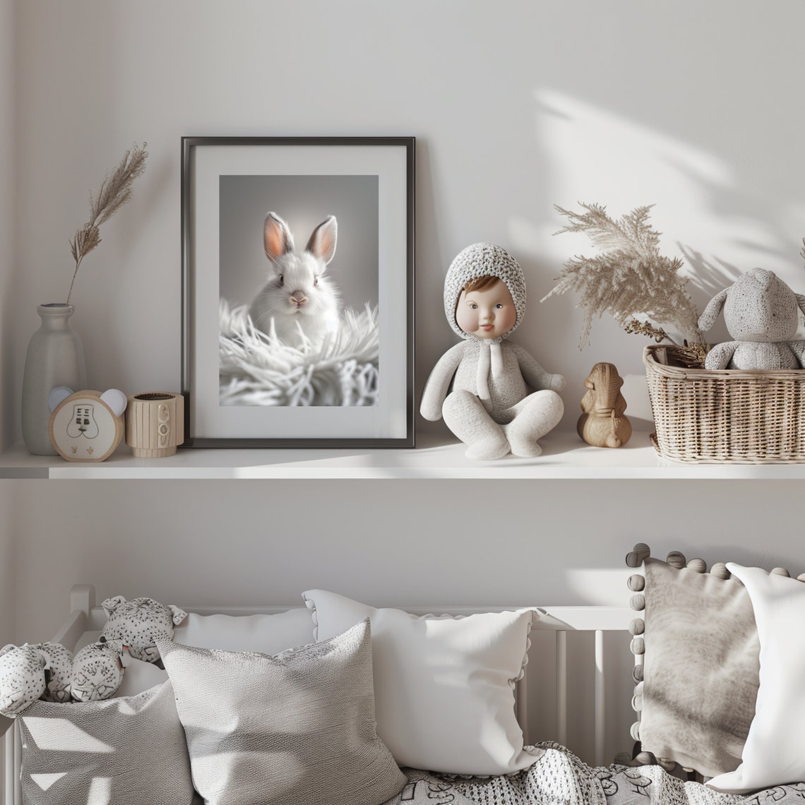 White Bunny Nursery Art Soft Neutral Cute Rabbit Wall Poster For Kids - Image 2