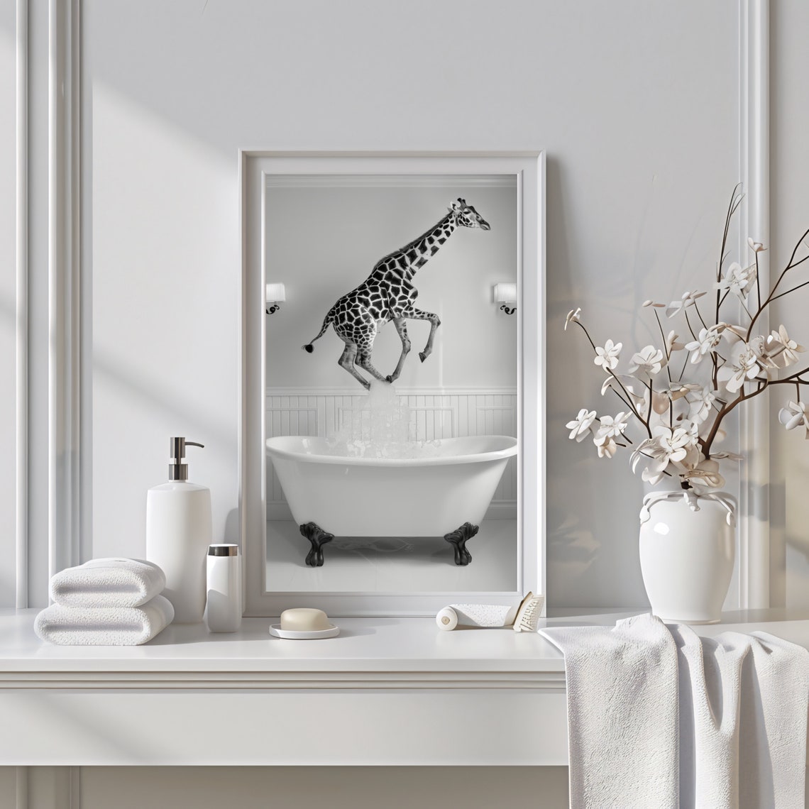 Giraffe Jumping Into Bathtub Funny Black and White Bathroom Poster - Image 2