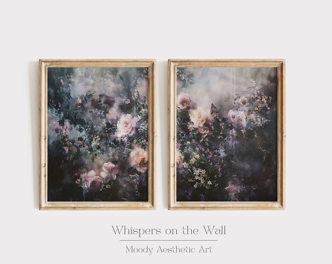 Pair Of Moody Abstract Floral Paintings With Blush Roses Dark Set Poster - Image 6