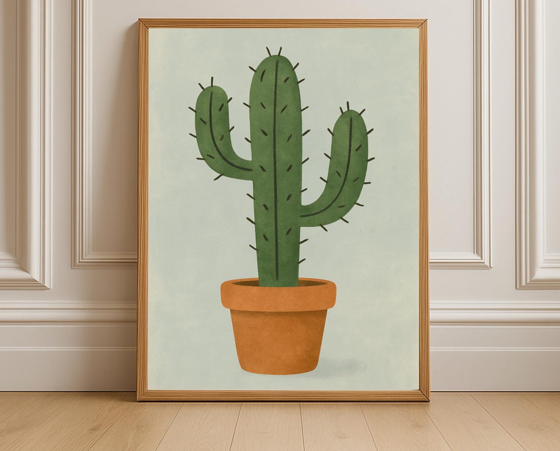 Potted Green Cactus in Terracotta Pot Minimalist Plant Poster