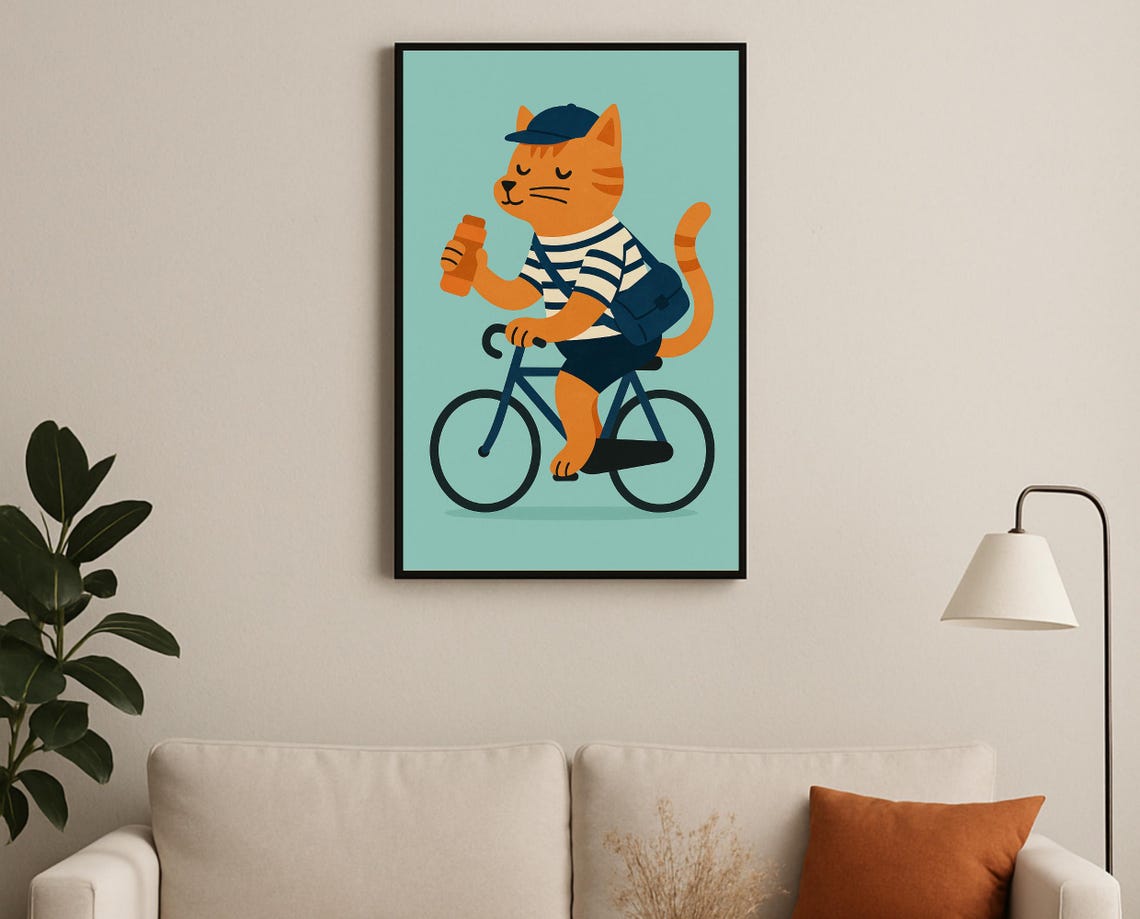 Orange Cat Riding Bicycle Striped Shirt Teal Nursery Poster Art