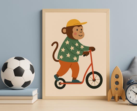 Scooter Monkey Wall Art Playful Animal For Nursery Kids Room Boys Poster Playroom Illustration