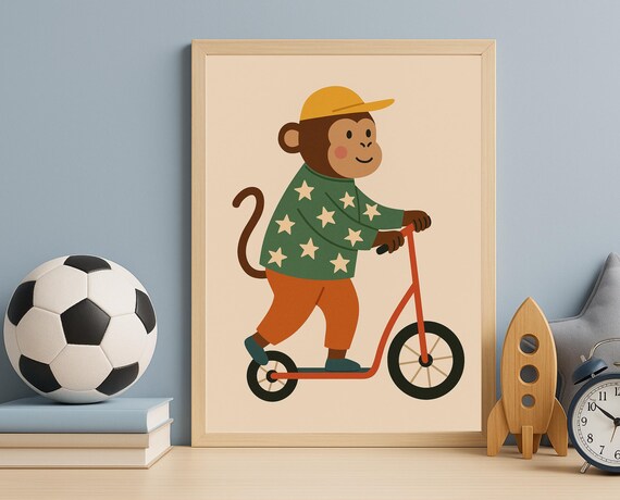 Smiling Monkey Riding Scooter Cute Hobby Animal Nursery Kids Poster