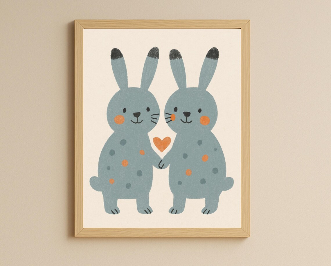 Two Blue Bunnies Holding Hands Heart Cute Rabbit Love Nursery Art Poster