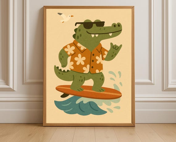 Surfer Crocodile Beach Nursery Wall Art Tropical Kids Room Decor Retro Instant