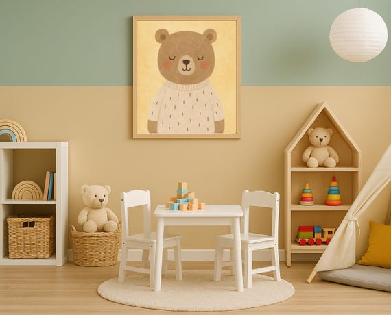 Cozy Bear Wall Art Sleepy Nursery Print For Kids Room Toddler Decor Soft Pastel