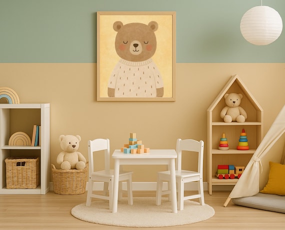 Drowsy Sleepy Brown Bear In Cozy Sweater Cute Nursery Kids Poster