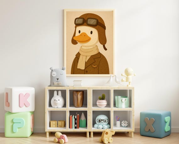 Pilot Duck Wall Art Nursery Decor Vintage Aviator Animal Poster Hobby Series