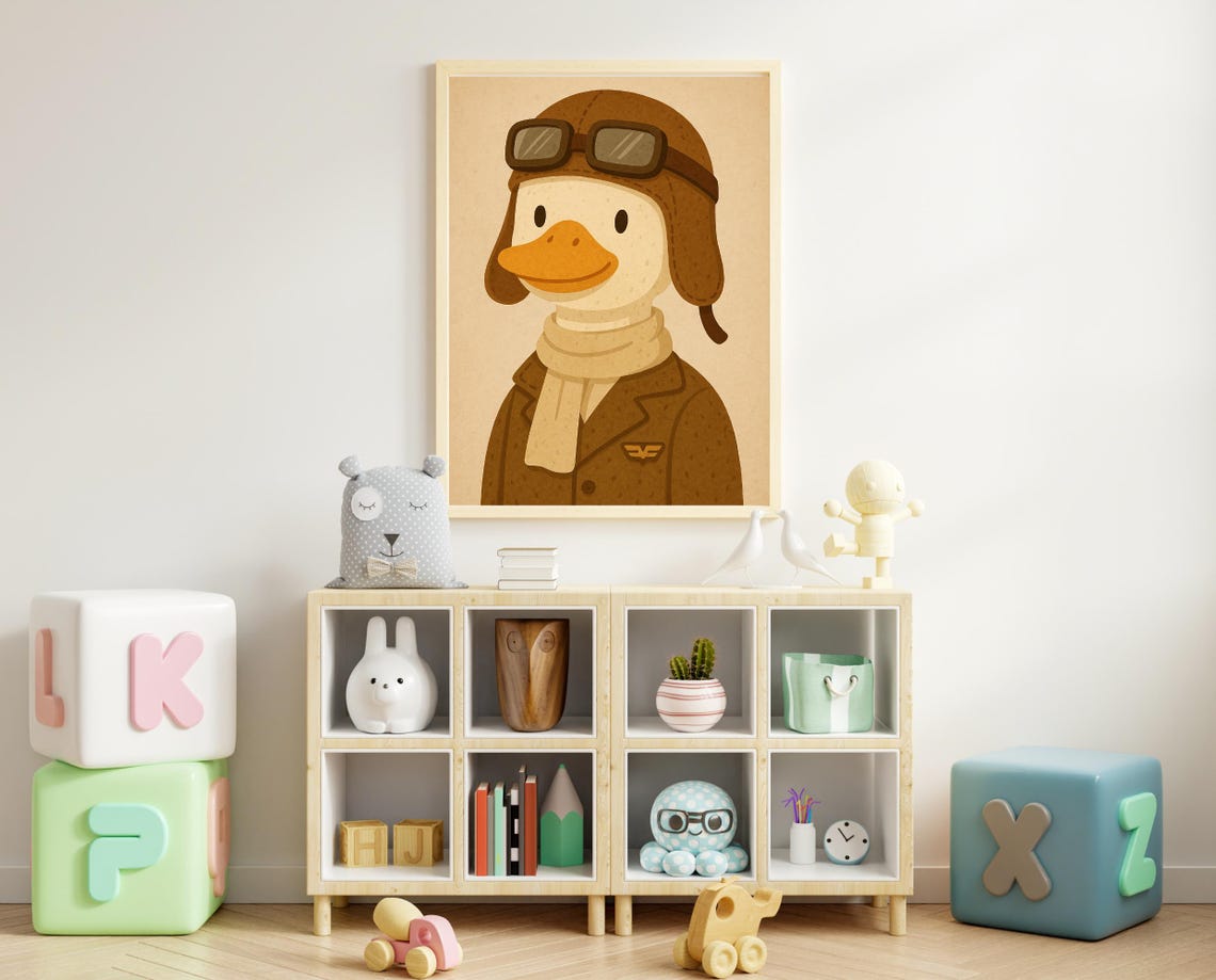 Pilot Duck Wall Art Nursery Decor Vintage Aviator Animal Poster Hobby Series